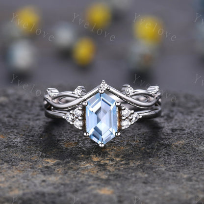 Retro hexagon Aquamarine Ring,Vintage Sterling Silver Ring Set,Unique Aquamarine Engagement Ring,Promise Ring,Anniversary Ring Gift For Her