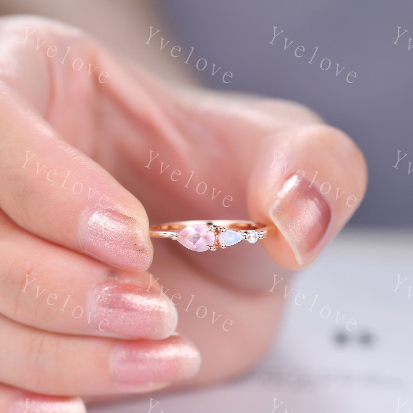 Unique Rose Quartz Opal Engagement Ring,Pear Cut Gems,Art Deco Moissanite Wedding Band,3 Stone Unique Women Bridal Promise Ring,Customized