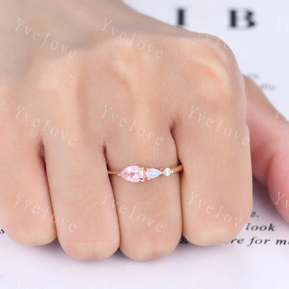 Unique Rose Quartz Opal Engagement Ring,Pear Cut Gems,Art Deco Moissanite Wedding Band,3 Stone Unique Women Bridal Promise Ring,Customized