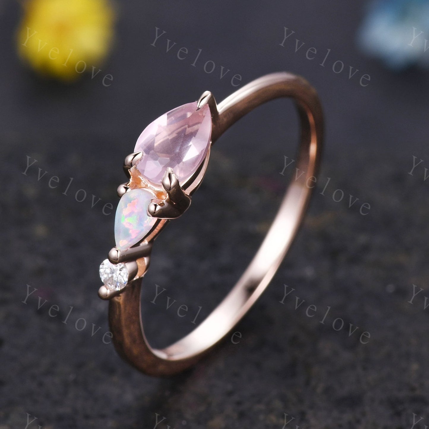 Unique Rose Quartz Opal Engagement Ring,Pear Cut Gems,Art Deco Moissanite Wedding Band,3 Stone Unique Women Bridal Promise Ring,Customized