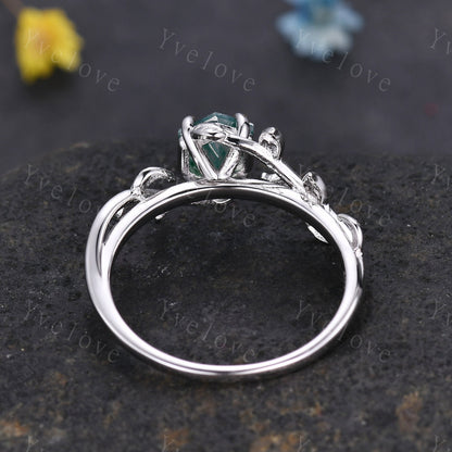 Hexagon Alexandrite Ring Set,Vintage Twig Vine Leaf Ring,Unique Alexandrite Engagement Ring,June Ring,Promise Anniversary Bridal Ring Gift
