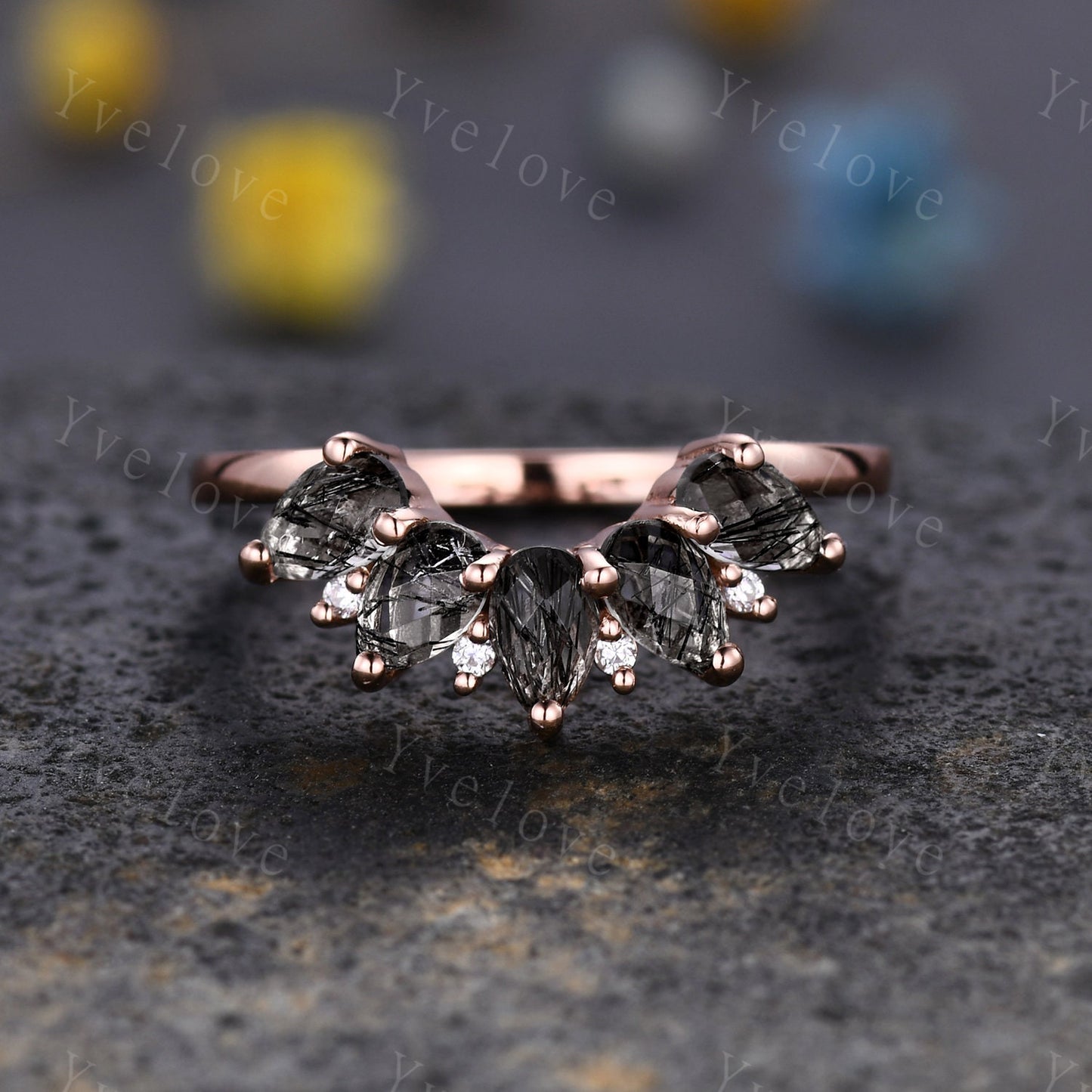 Black rutilate quartz wedding band,Statement ring,Curved wedding ring,Unique Stacking ring diamond ring,Matching band,Women Jewelry Gift