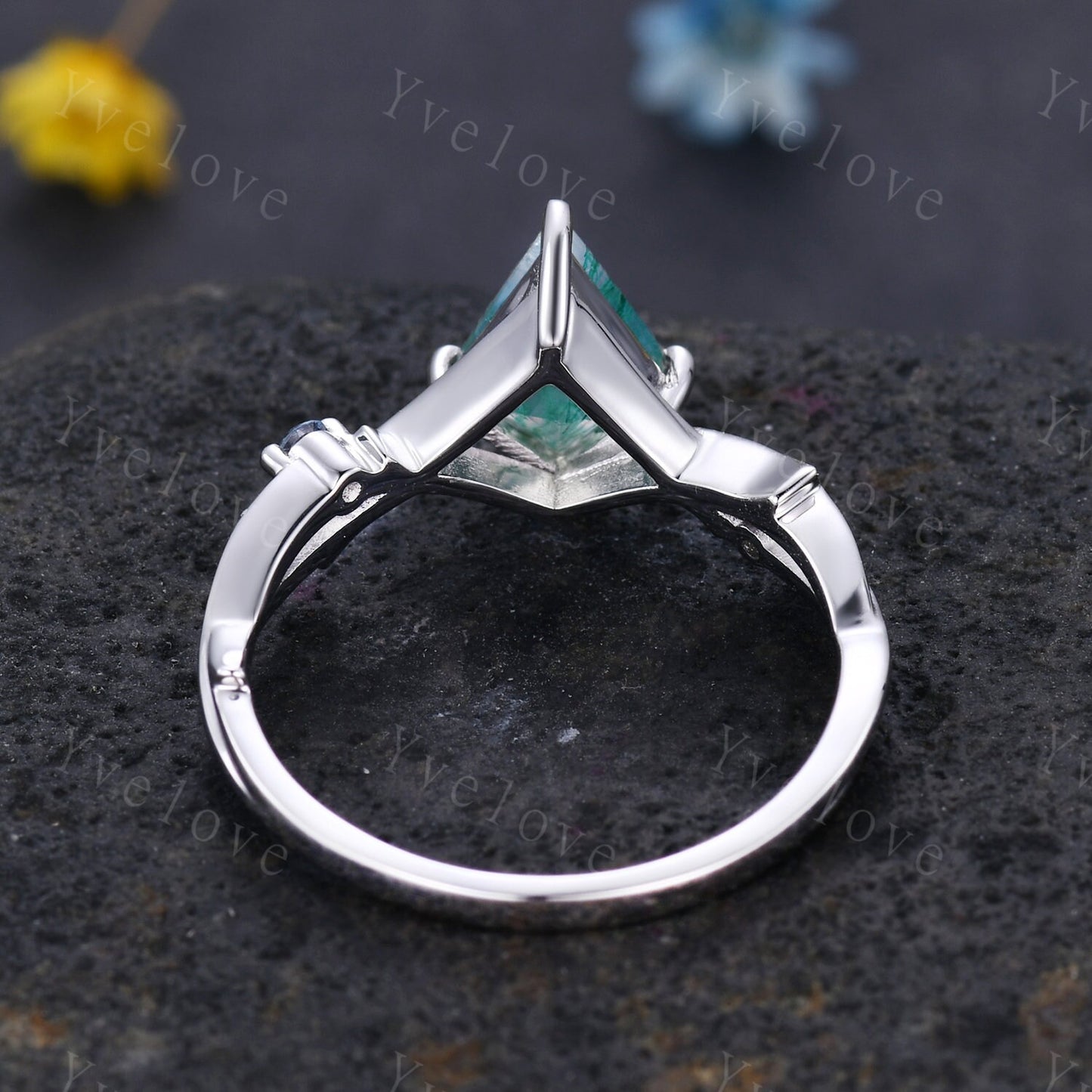 Unique Kite Moss Agate Engagement Ring,Vintage Twig Alexandrite Ring,Branch Ring,White Gold Silver Ring Promise Bridal Ring,Green Agate Ring