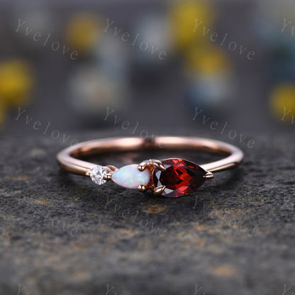 Vintage Red Garnet Opal Engagement Ring,Pear Cut Gems,Art Deco Moissanite Wedding Band,3 Stone Unique Women Bridal Promise Ring,Custom Ring