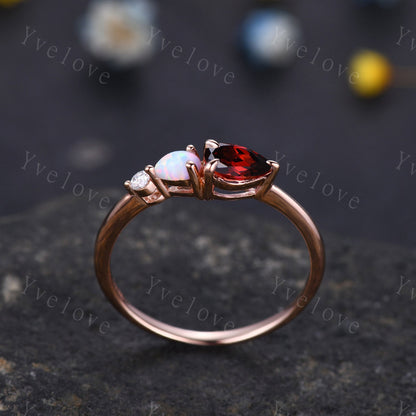 Vintage Red Garnet Opal Engagement Ring,Pear Cut Gems,Art Deco Moissanite Wedding Band,3 Stone Unique Women Bridal Promise Ring,Custom Ring