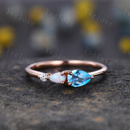 Vintage Swiss Blue Topaz Opal Engagement Ring,Pear Cut Gems,Art Deco Moissanite Wedding Band,3 Stone Unique Women Bridal Promise Ring,Silver