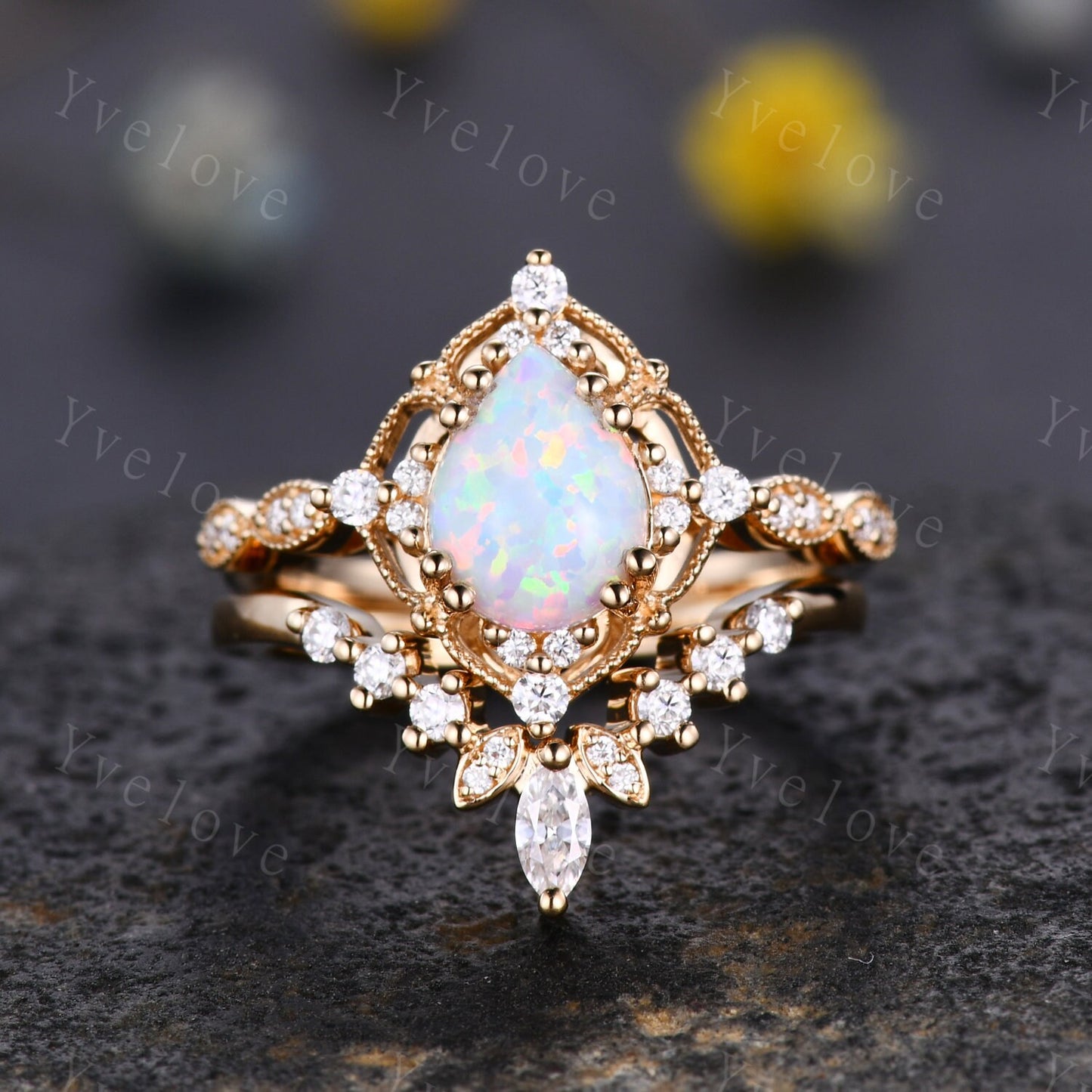 Vintage White Opal Engagement Ring Set,6x8mm Pear Opal Bridal Set,Moissanite Half Eternity Band,Solid Gold,Women Rings Gift For Her,Custom