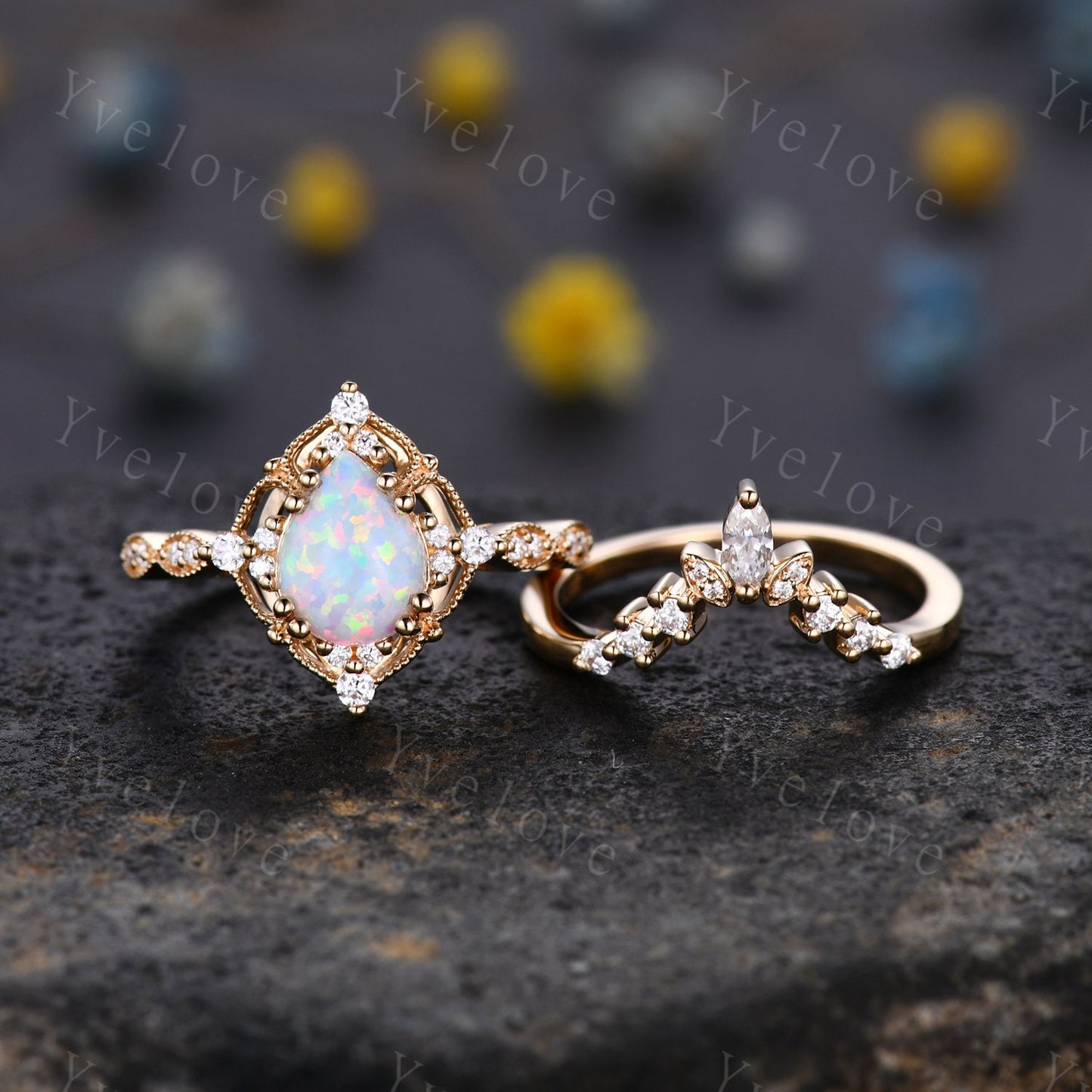 Vintage White Opal Engagement Ring Set,6x8mm Pear Opal Bridal Set,Moissanite Band,14K Solid Gold,Women Promise Rings Gift For Her,Customized