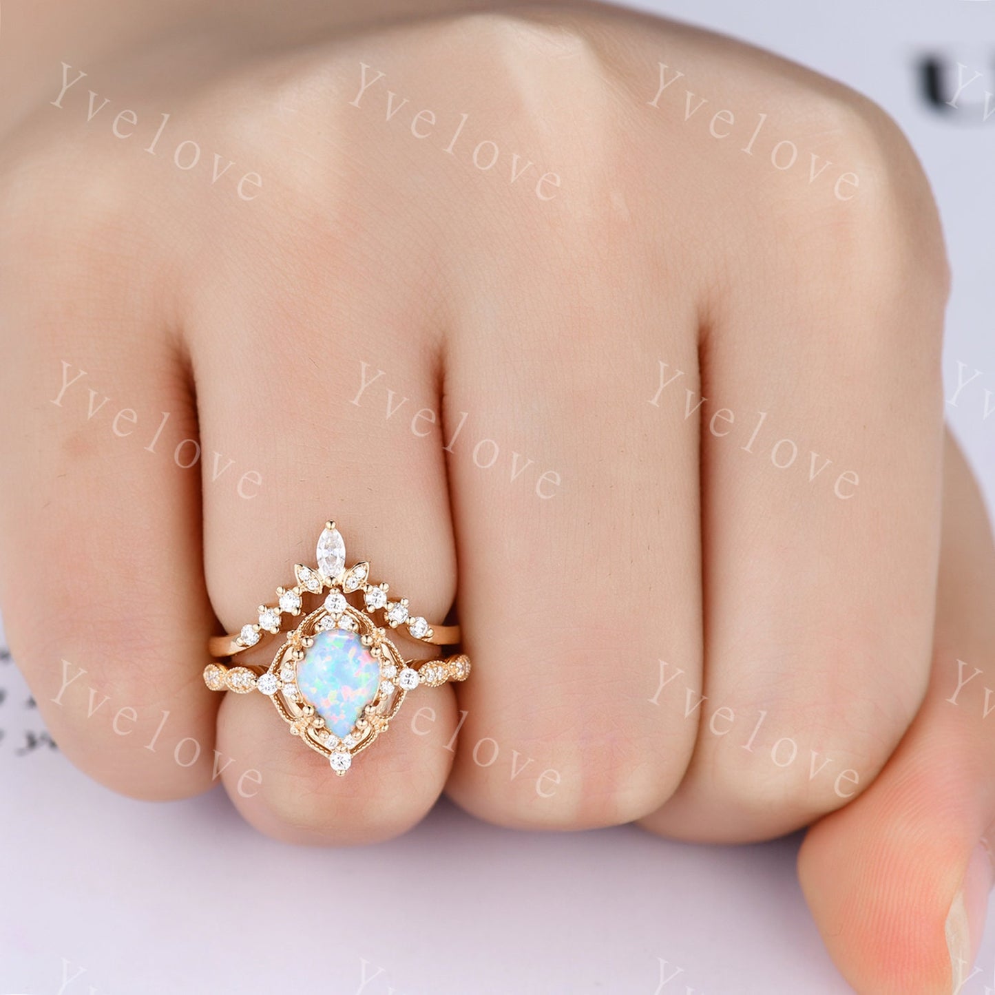 Vintage White Opal Engagement Ring Set,6x8mm Pear Opal Bridal Set,Moissanite Band,14K Solid Gold,Women Promise Rings Gift For Her,Customized