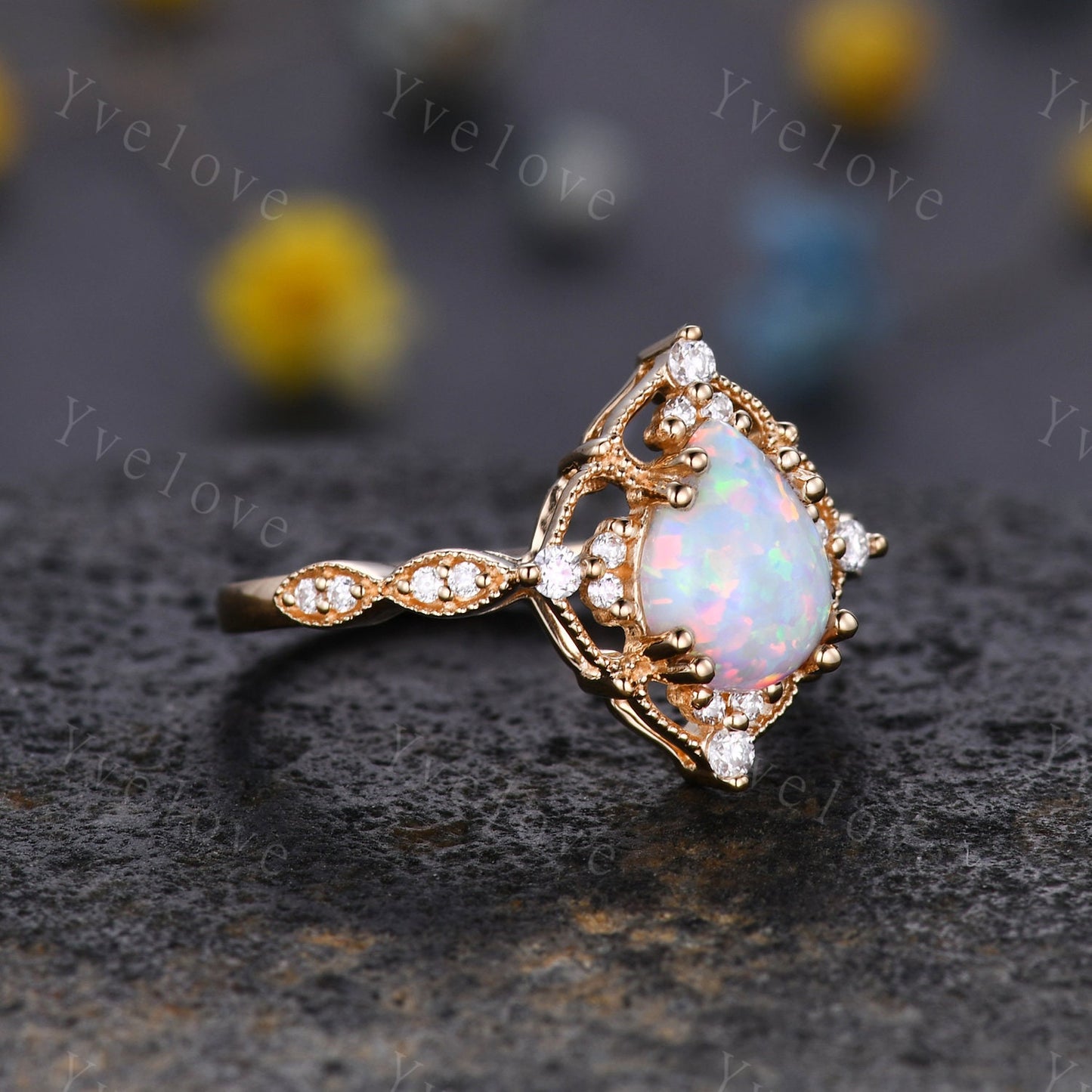 Vintage White Opal Engagement Ring Set,6x8mm Pear Opal Bridal Set,Moissanite Band,14K Solid Gold,Women Promise Rings Gift For Her,Customized