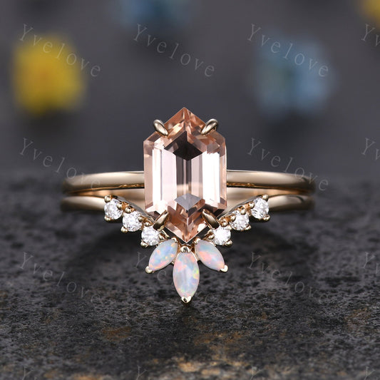 Vintage Hexagon Morganite engagement ring,Unique Peach Morganite Opal Ring Set,Plain Band,14K Solid Gold,Women Diamond Promise Wedding Band