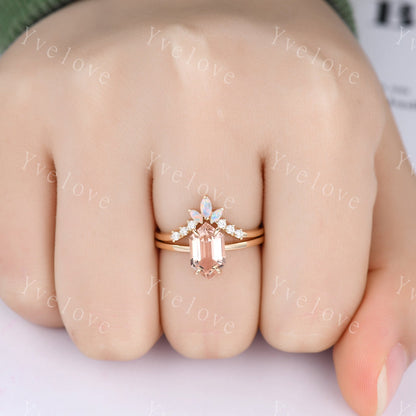 Vintage Hexagon Morganite engagement ring,Unique Peach Morganite Opal Ring Set,Plain Band,14K Solid Gold,Women Diamond Promise Wedding Band