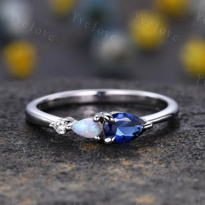 Vintage Sapphire Opal Engagement Ring,Pear Cut Gems,Art Deco Moissanite Wedding Band,3 Stone Unique Women Bridal Promise Ring,Customized