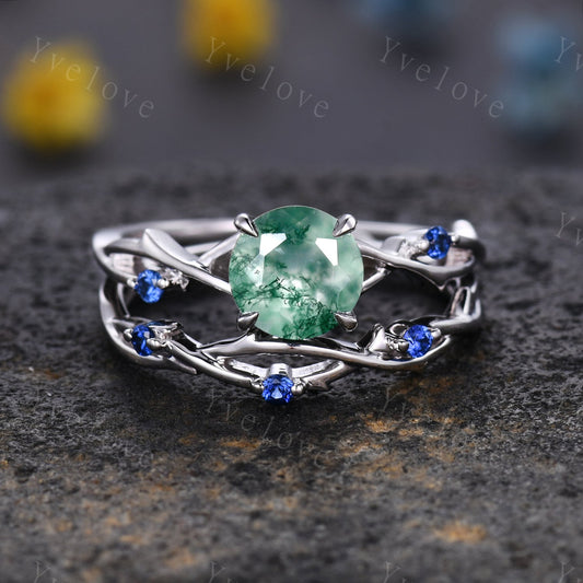 Twig Moss Agate Engagement Ring,green agate engagement ring set,blue sapphire ring,vintage unique promise ring set gift for women,platinum