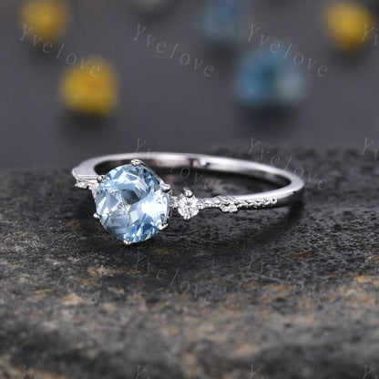 Unique Aquamarine Ring,Blue Aquamarine Engagement Ring,Enhancer Ring,Double Curved band,Women Bridal Matching Stacking Diamond Wedding Band