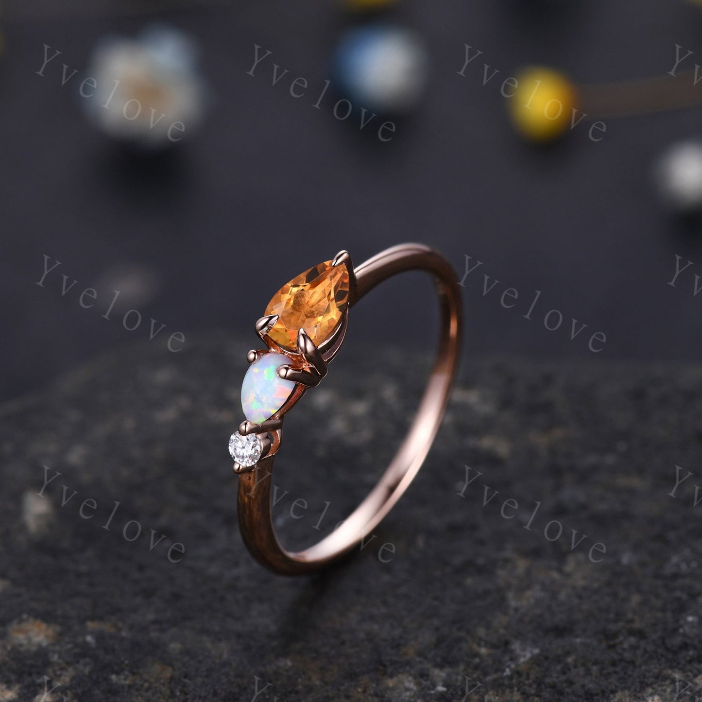 Vintage Yellow Citrine Opal Engagement Ring,Pear Cut Gems,Art Deco Moissanite Wedding Band,3 Stone Unique Women Bridal Promise Ring,Custom