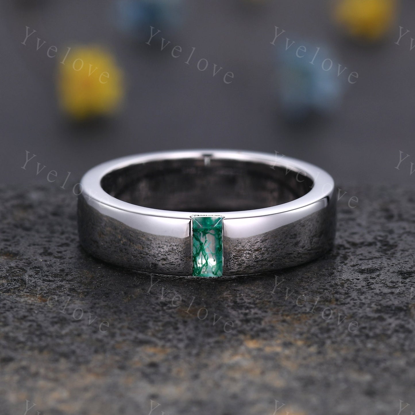 Mens Moss agate Wedding Band Baguette Cut Green Agate Band 5mm Solid Gold Ring Mens Solitaire Stacking Matching Band Retro Vintage Ring Gift