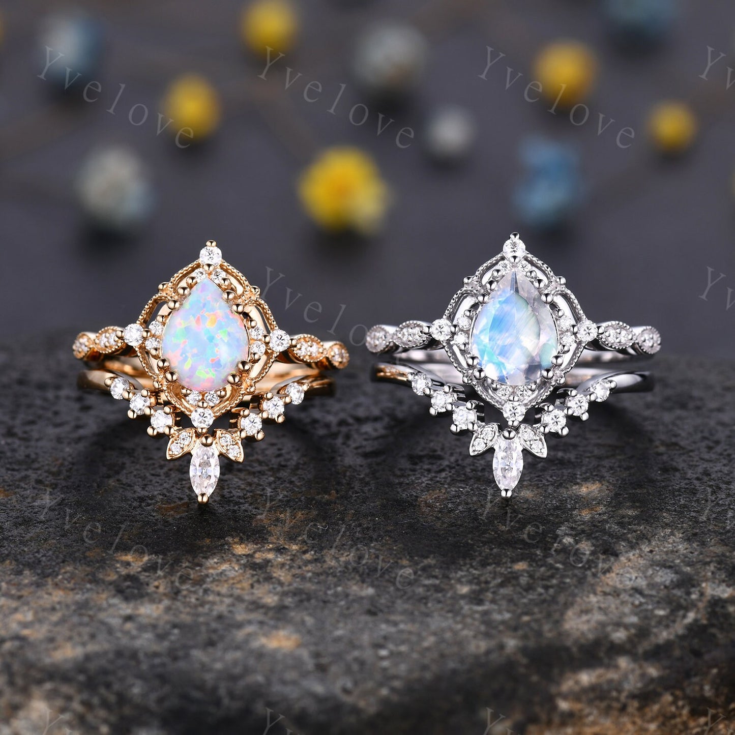Vintage White Opal Engagement Ring Set,6x8mm Pear Opal Bridal Set,Moissanite Half Eternity Band,Solid Gold,Women Rings Gift For Her,Custom