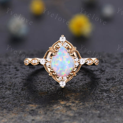 Vintage White Opal Engagement Ring Set,6x8mm Pear Opal Bridal Set,Moissanite Band,14K Solid Gold,Women Promise Rings Gift For Her,Customized