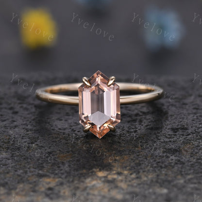 Vintage Hexagon Morganite engagement ring,Unique Peach Morganite Opal Ring Set,Plain Band,14K Solid Gold,Women Diamond Promise Wedding Band