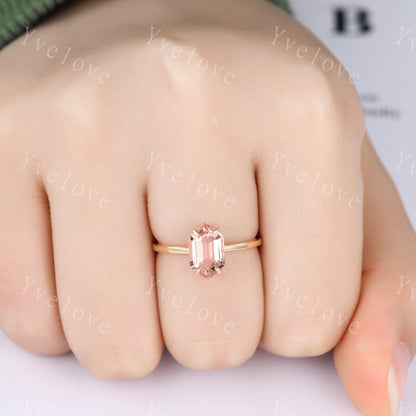 Vintage Hexagon Morganite engagement ring,Unique Peach Morganite Opal Ring Set,Plain Band,14K Solid Gold,Women Diamond Promise Wedding Band