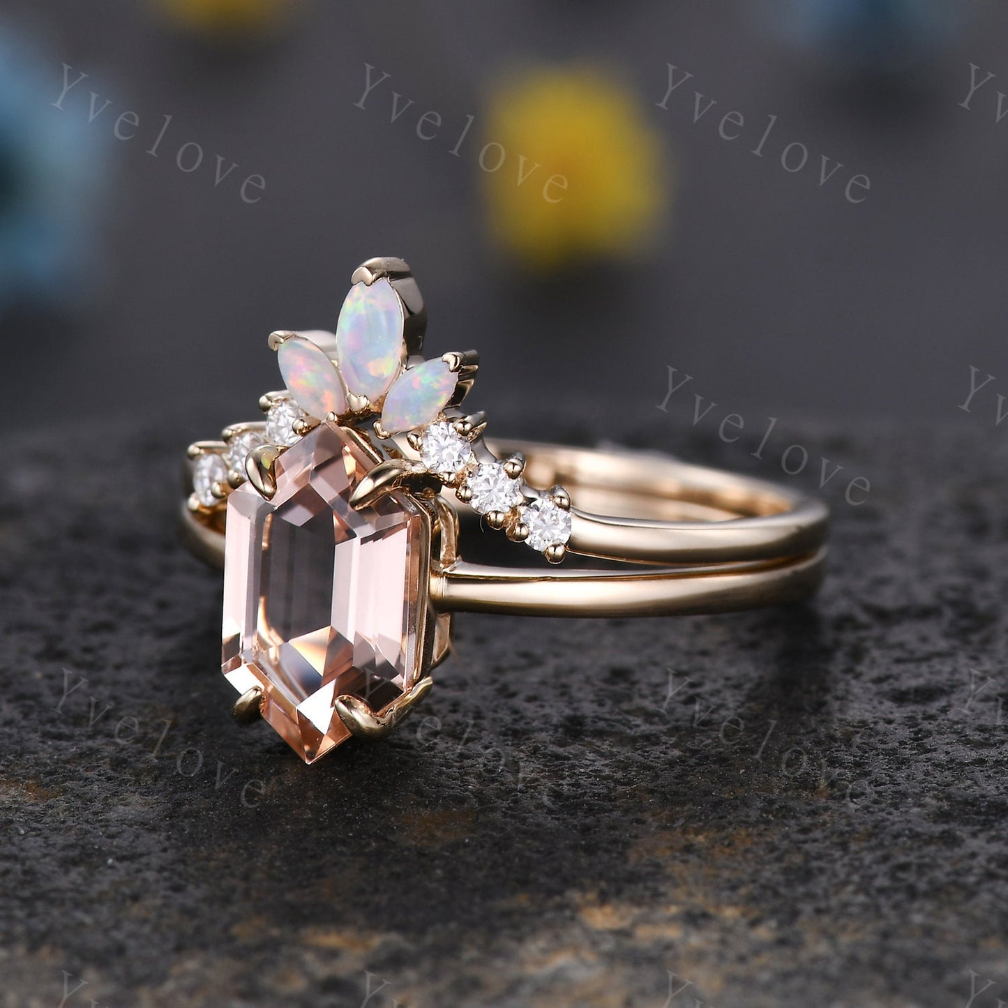 Vintage Hexagon Morganite engagement ring,Unique Peach Morganite Opal Ring Set,Plain Band,14K Solid Gold,Women Diamond Promise Wedding Band