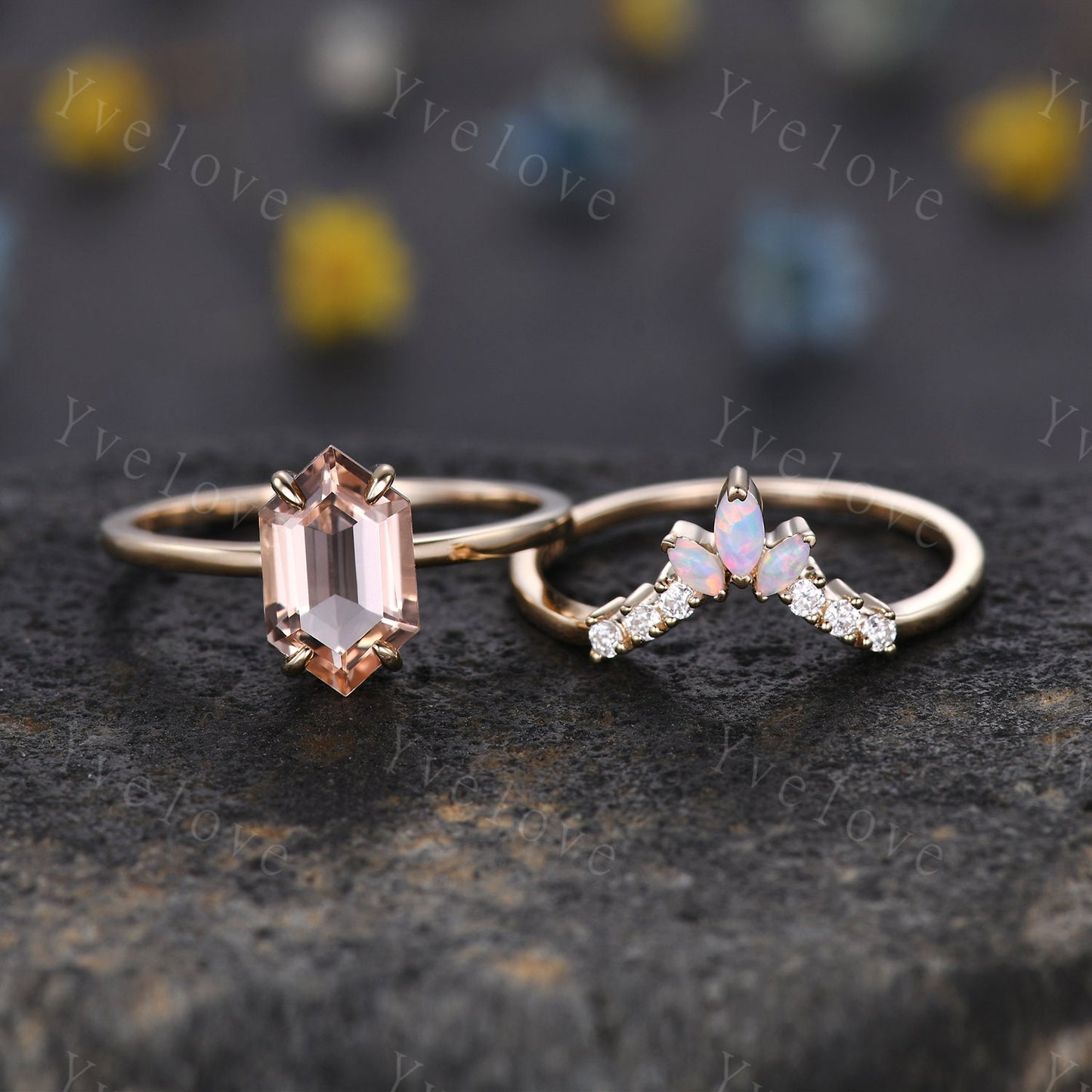 Vintage Hexagon Morganite engagement ring,Unique Peach Morganite Opal Ring Set,Plain Band,14K Solid Gold,Women Diamond Promise Wedding Band