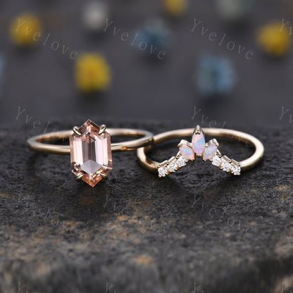 Vintage Hexagon Morganite engagement ring,Unique Peach Morganite Opal Ring Set,Plain Band,14K Solid Gold,Women Diamond Promise Wedding Band