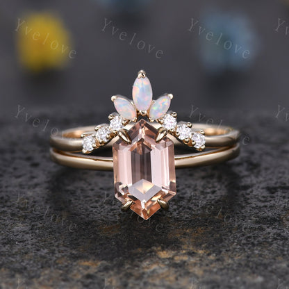 Vintage Hexagon Morganite engagement ring,Unique Peach Morganite Opal Ring Set,Plain Band,14K Solid Gold,Women Diamond Promise Wedding Band