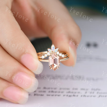 Vintage Hexagon Morganite engagement ring,Unique Peach Morganite Opal Ring Set,Plain Band,14K Solid Gold,Women Diamond Promise Wedding Band