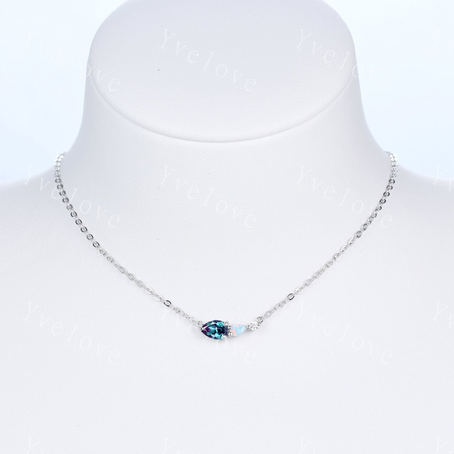 Unique Alexandrite Opal Necklace,Pear Cut Gems,Art Deco Moissanite Diamond Delicate Dainty Necklace,3 Stone Unique Women Bridal Gift,Silver