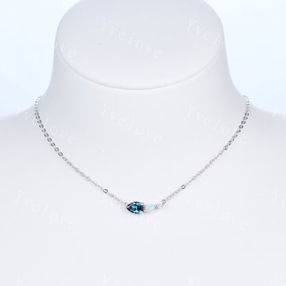 Unique Alexandrite Opal Necklace,Pear Cut Gems,Art Deco Moissanite Diamond Delicate Dainty Necklace,3 Stone Unique Women Bridal Gift,Silver