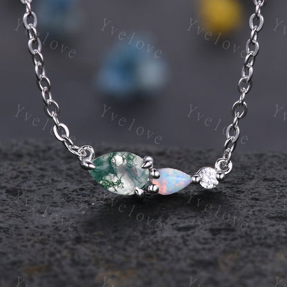 Unique Ruby Opal Necklace,Pear Cut Gems,Art Deco Moissanite Diamond Delicate Dainty Necklace,3 Stone Unique Women Bridal Gift,White gold