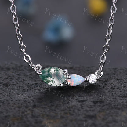 Unique Peridot Opal Necklace,Pear Cut Gems,Art Deco Moissanite Diamond Delicate Dainty Necklace,3 Stone Unique Women Bridal Gift,Silver