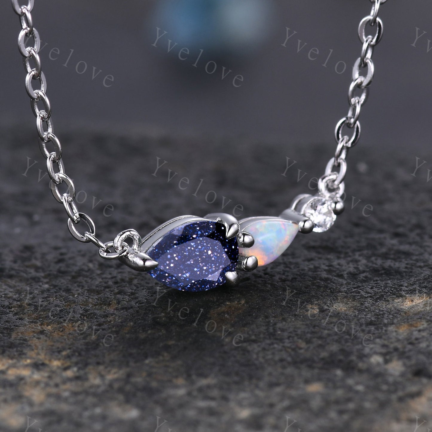 Unique Sandstone Opal Necklace,Pear Cut Gems,Art Deco Moissanite Diamond Delicate Dainty Necklace,3 Stone Unique Women Bridal Gift,Silver