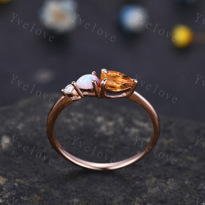 Vintage Yellow Citrine Opal Engagement Ring,Pear Cut Gems,Art Deco Moissanite Wedding Band,3 Stone Unique Women Bridal Promise Ring,Custom