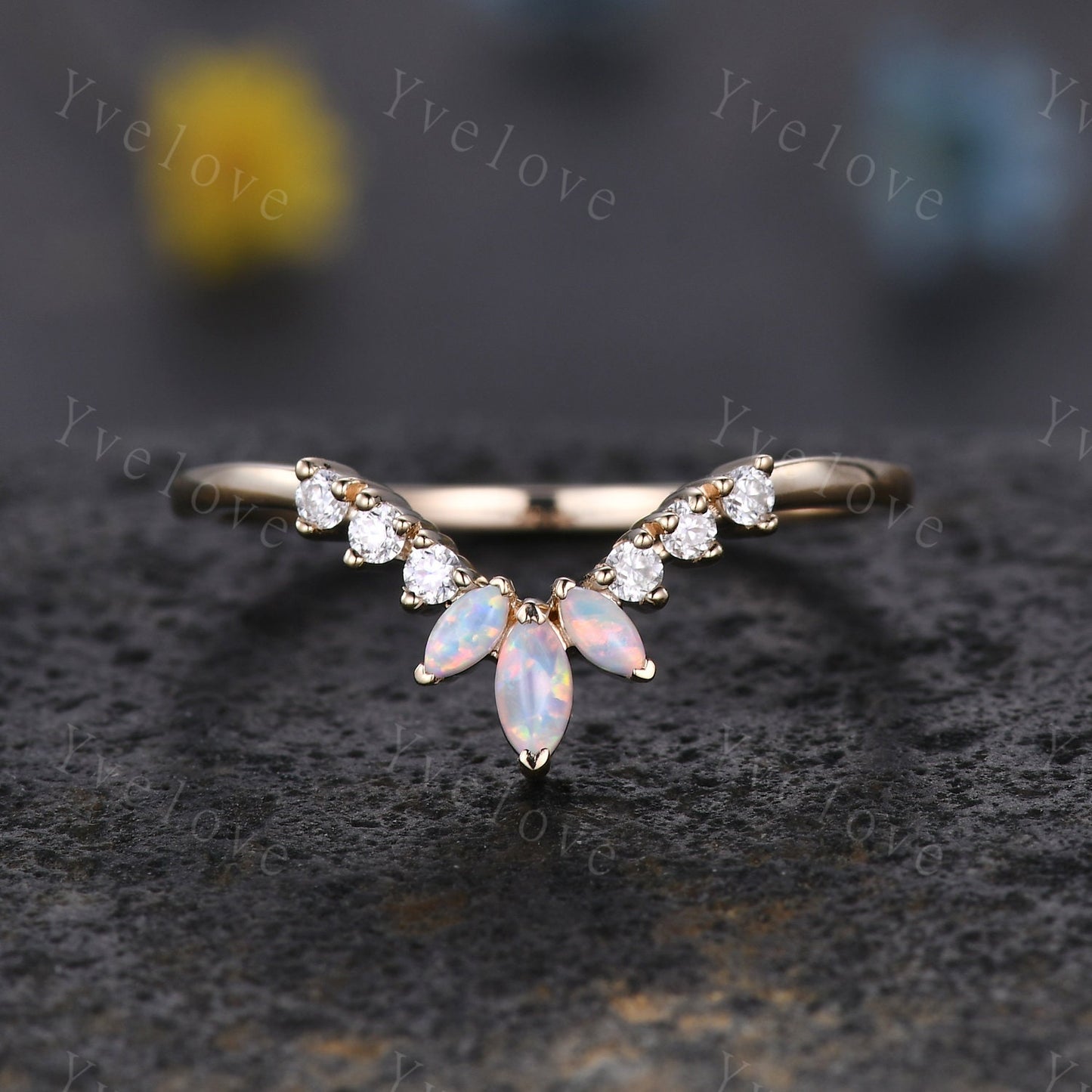 Art Deco Opal Wedding Band,Marquise Opal Band,Moissanite Diamond Band,V Chevron Ring,Matching Stacking Ring Bridal Promise Ring Gift,Silver