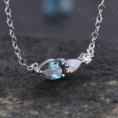 Unique Alexandrite Opal Necklace,Pear Cut Gems,Art Deco Moissanite Diamond Delicate Dainty Necklace,3 Stone Unique Women Bridal Gift,Silver