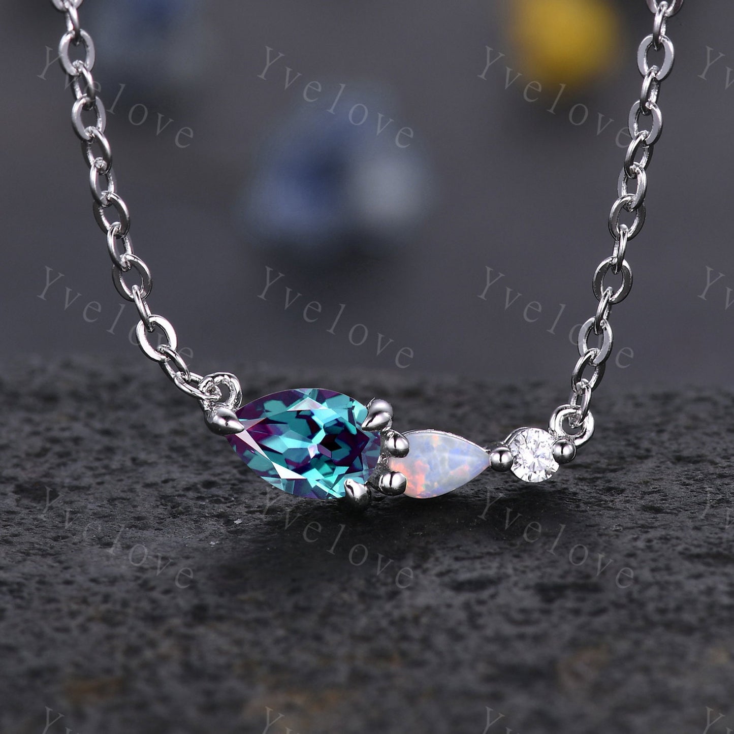 Unique Alexandrite Opal Necklace,Pear Cut Gems,Art Deco Moissanite Diamond Delicate Dainty Necklace,3 Stone Unique Women Bridal Gift,Silver