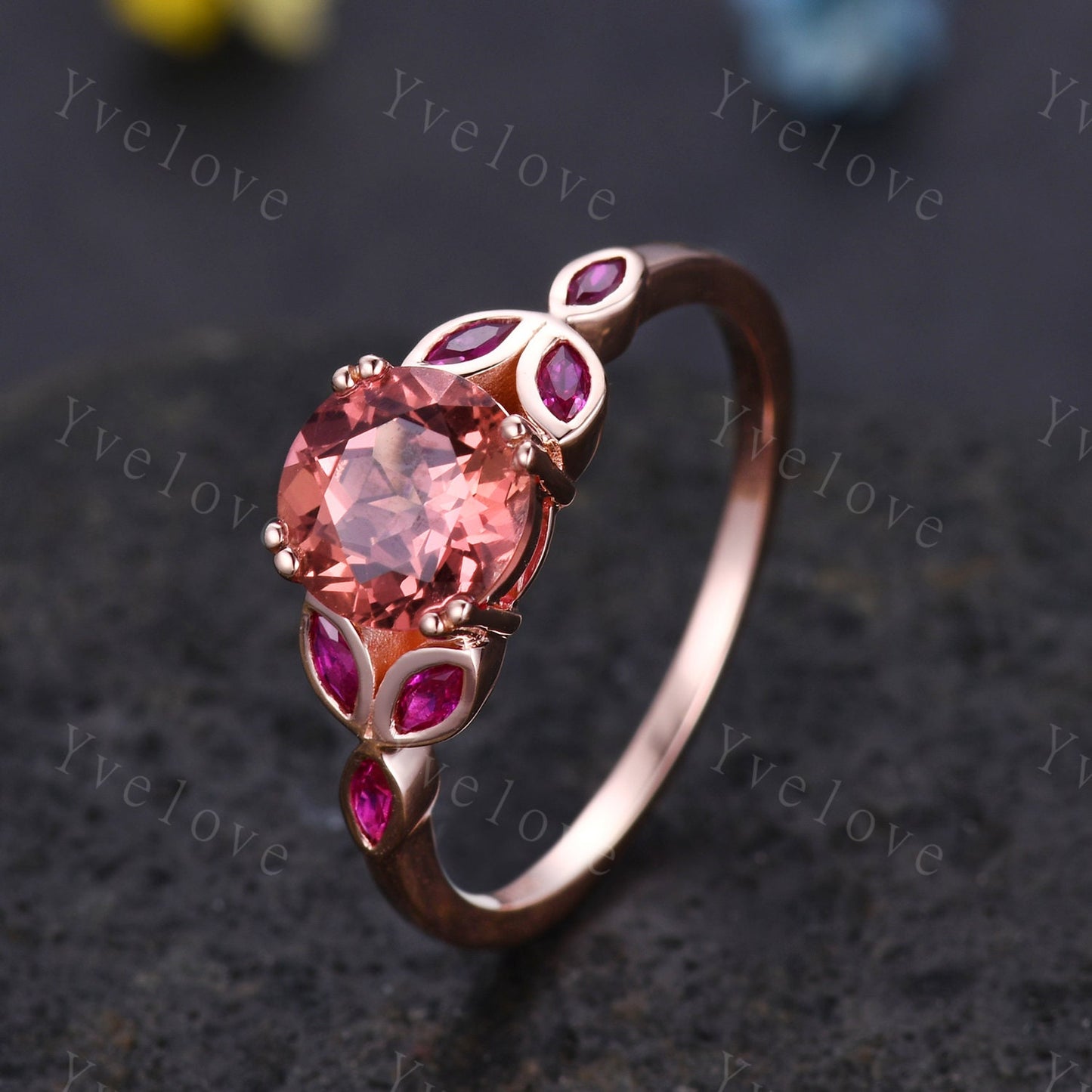 7mm round shape Papalacha sapphire engagement ring,Unique sapphire ruby ring,Marquise ruby,Rose gold Promise Bridal ring,Anniversary gift