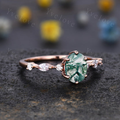 Vintage moss agate engagement ring set,Unique gold wedding set,Art deco opal alexandrite matching stacking ring,bridal set,rings for women