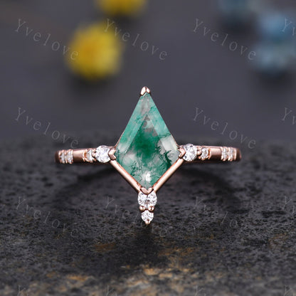 Unique Kite Shaped Moss Agate Engagement Ring,Vintage Natural Agate Ring,Emerald Open wedding band Bridal set Anniversary Promise Jewelry