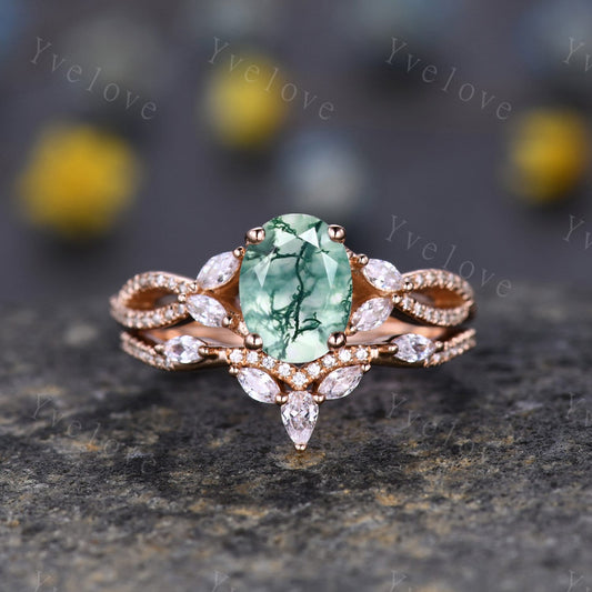 Art Deco Oval Moss Agate engagement ring set 14k Gold Green Aagte Ring Unique Bridal set Diamond wedding Curved Band Vintage Promise Gift