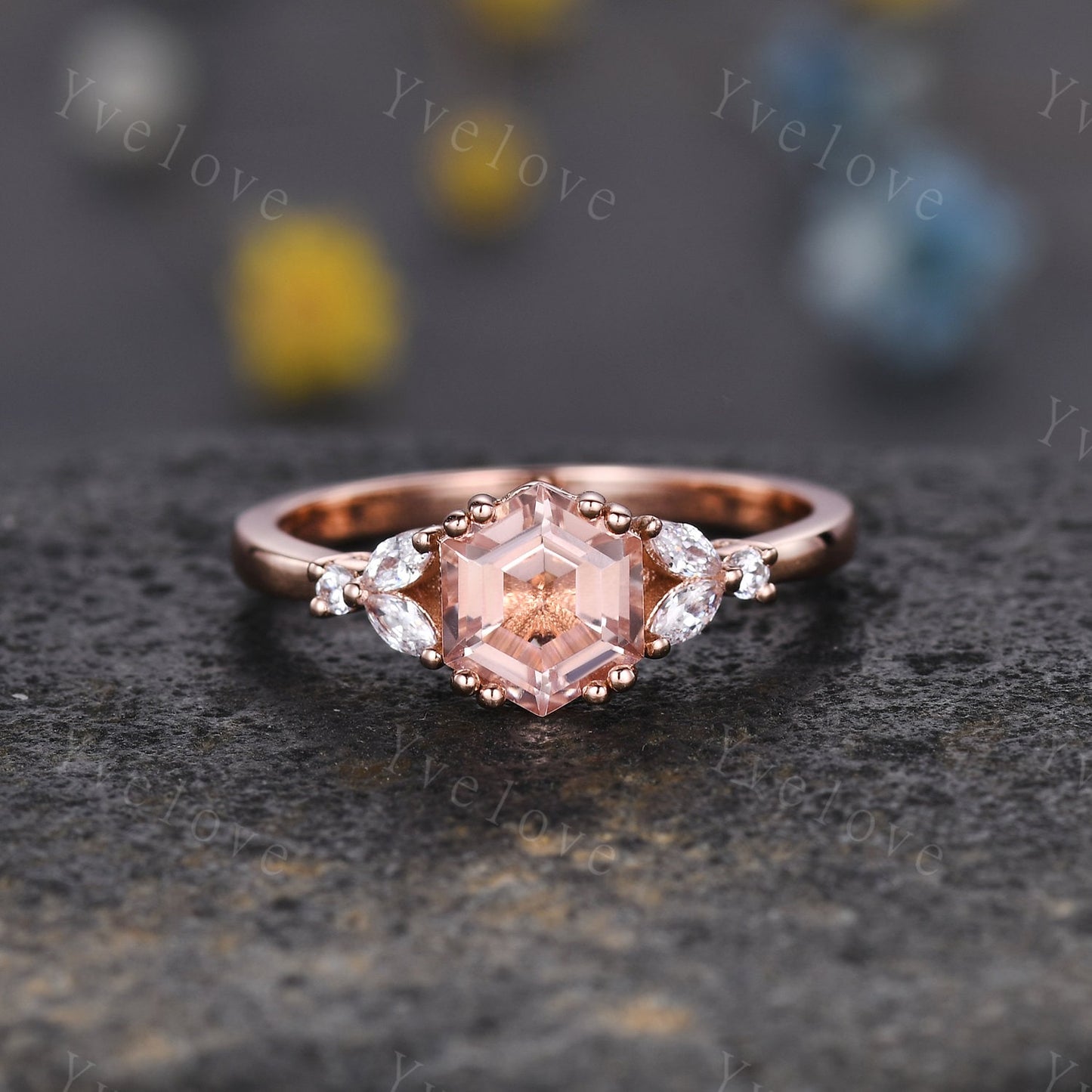 Hexagon Peach Morganite Ring,Morganite Engagement Ring,Enhancer Wedding Ring,Double Curved band,Women Bridal Stacking Moissanite Band,Silver