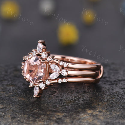 Hexagon Peach Morganite Ring,Morganite Engagement Ring,Enhancer Wedding Ring,Double Curved band,Women Bridal Stacking Moissanite Band,Silver