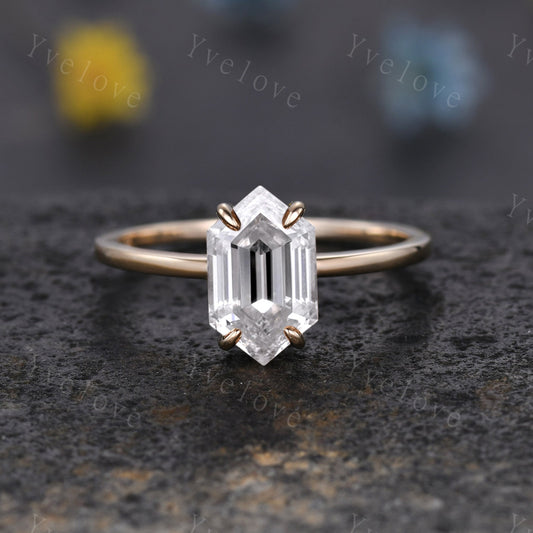 Vintage Long Hexagon Moissanit engagement ring,Unique Moissanite Wedding Ring,Solitaire Ring,Dainty Ring,Promise Stacking Ring,Gift For Her