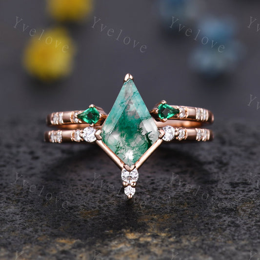 Unique Kite Shaped Moss Agate Engagement Ring,Vintage Natural Agate Ring,Emerald Open wedding band Bridal set Anniversary Promise Jewelry