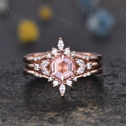 Hexagon Peach Morganite Ring,Morganite Engagement Ring,Enhancer Wedding Ring,Double Curved band,Women Bridal Stacking Moissanite Band,Silver