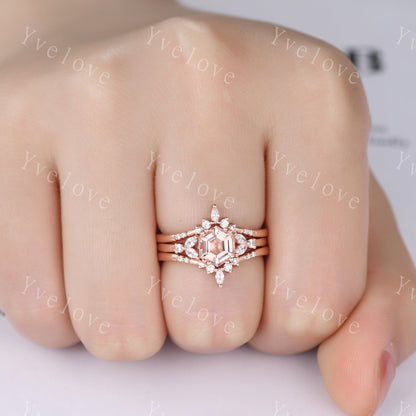 Hexagon Peach Morganite Ring,Morganite Engagement Ring,Enhancer Wedding Ring,Double Curved band,Women Bridal Stacking Moissanite Band,Silver