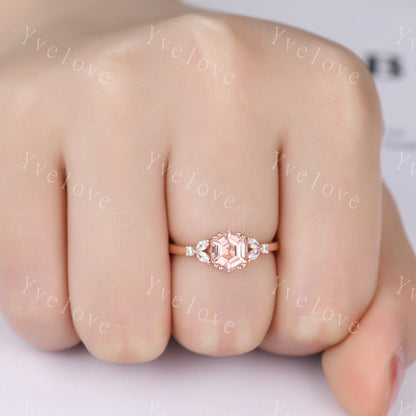 Hexagon Peach Morganite Ring,Morganite Engagement Ring,Enhancer Wedding Ring,Double Curved band,Women Bridal Stacking Moissanite Band,Silver